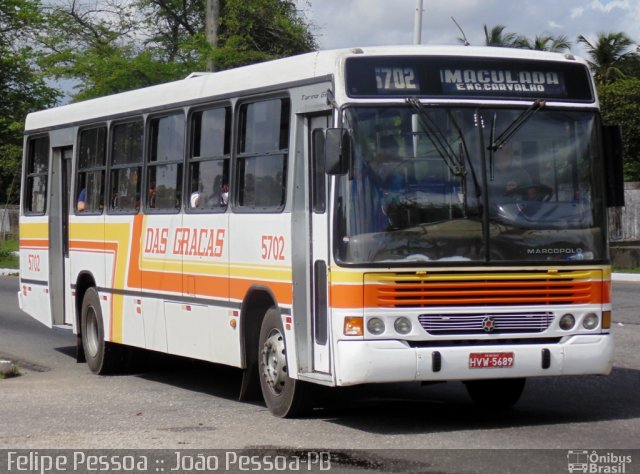 Empresa de Transporte Das Graças 5702 na cidade de João Pessoa, Paraíba, Brasil, por Felipe Pessoa de Albuquerque. ID da foto: 2657175.